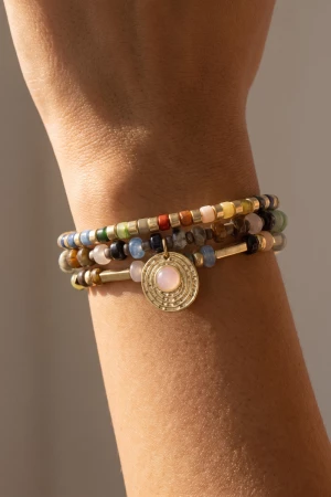 Layered Beaded Coin Charm Stretch Bracelet