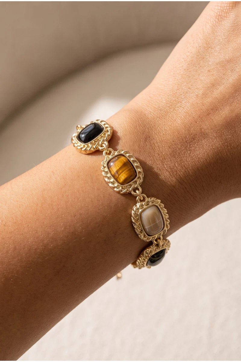 Rope Frame Stone Cabochon Link Bracelet