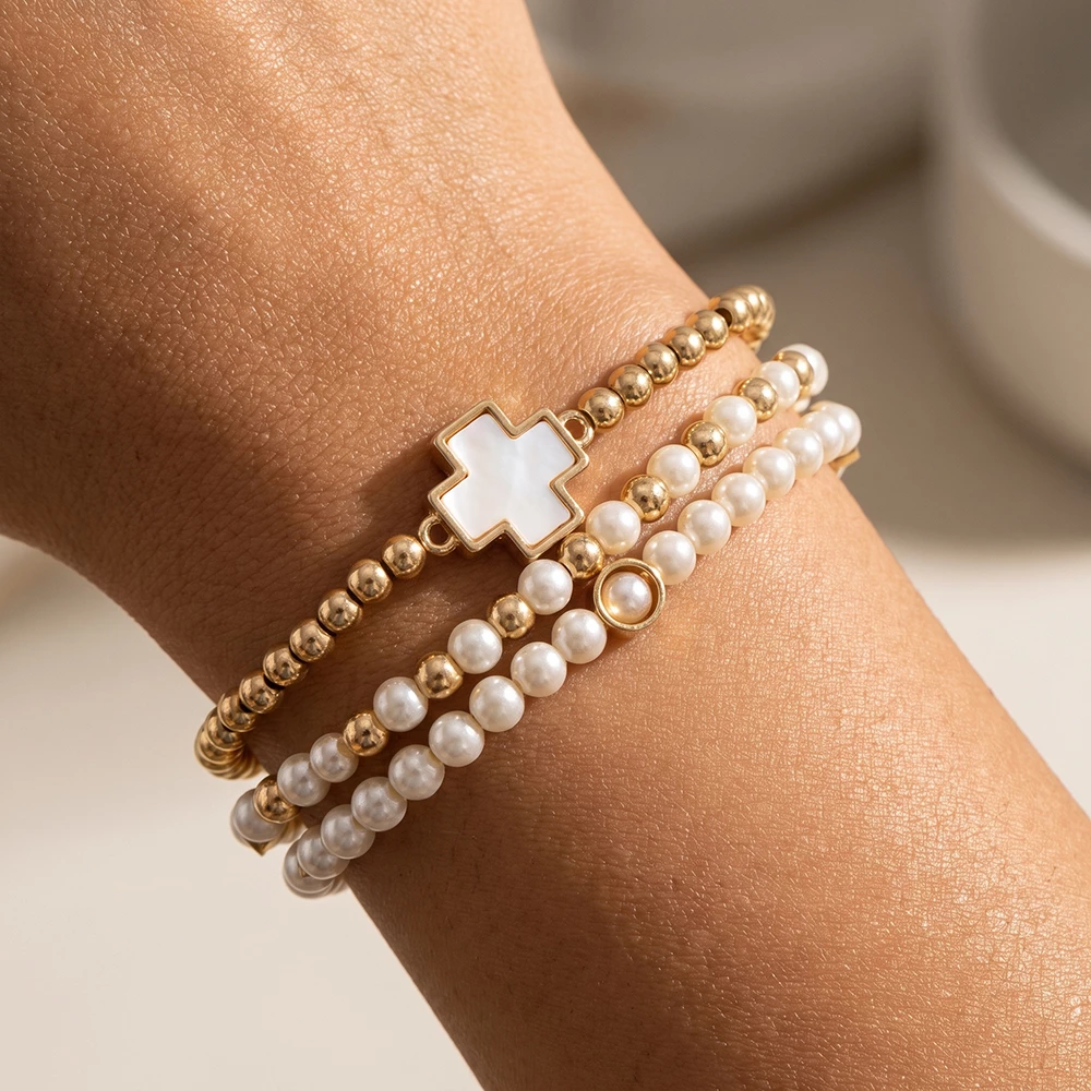 Mother Of Pearl Cross Pearl Stretch Bracelet Set