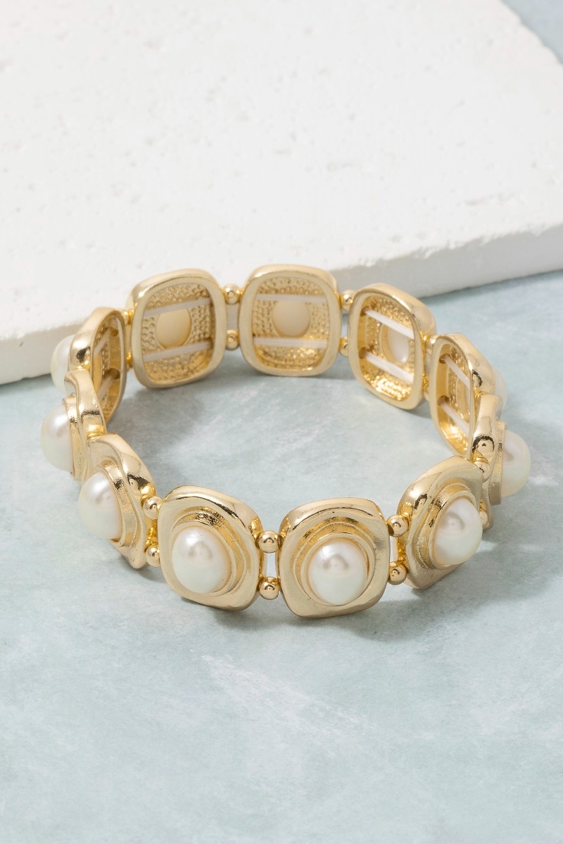 Gold Square Pearl Cabochon Stretch Bracelet