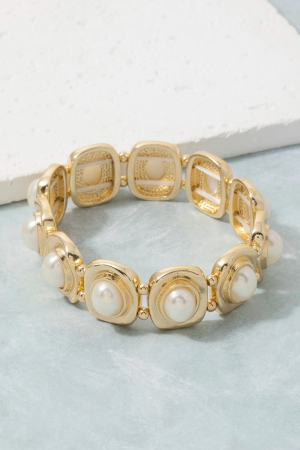 Gold Square Pearl Cabochon Stretch Bracelet
