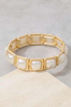 Gold Square Link Pearl Stretch Bracelet