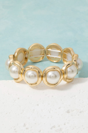 Gold Round Pearl Cabochon Stretch Bracelet