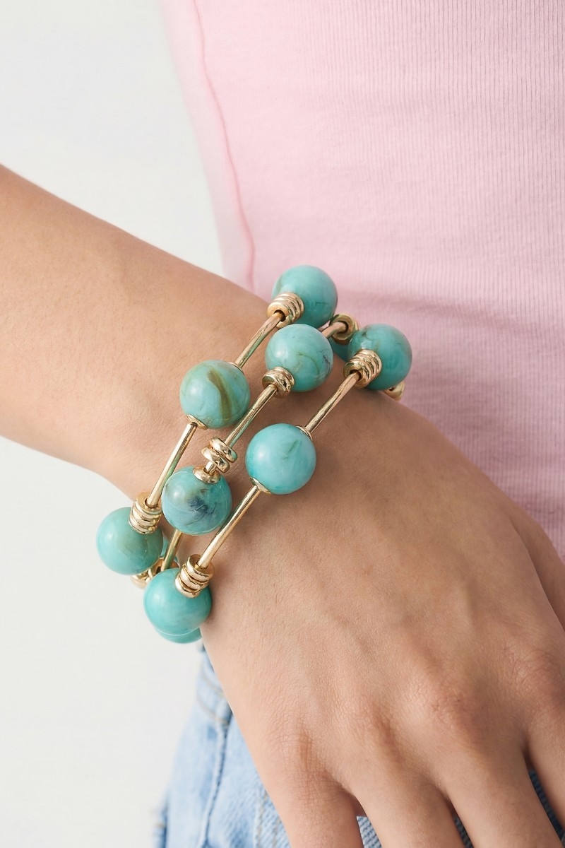 Marble Resin And Bar Elastic Bracelet Set