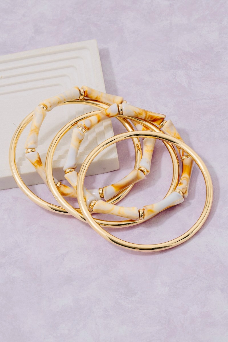Metallic Bangle And Elastic Marble Resin Bracelet Set