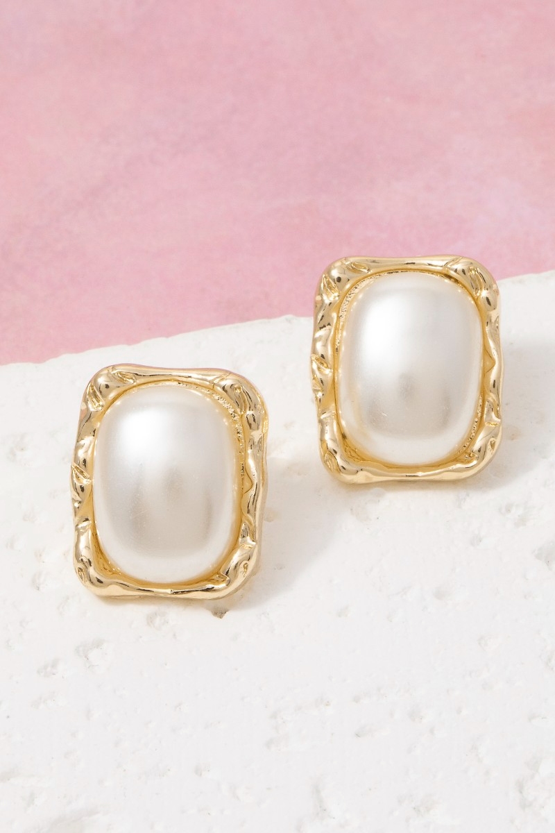Gold Molten Frame Pearl Square Stud Earrings