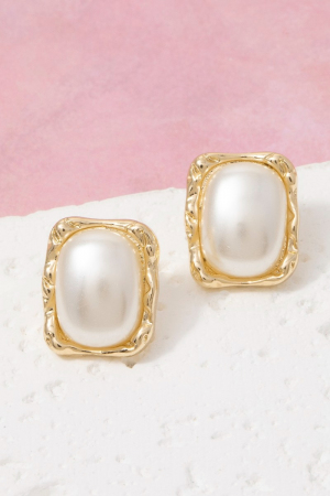 Gold Molten Frame Pearl Square Stud Earrings