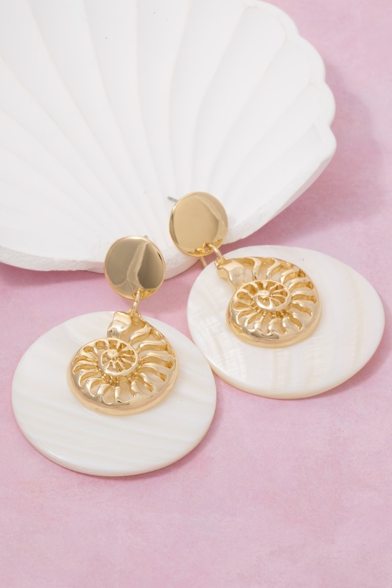 Spiral Shell And Large Disc Stud Dangle Earrings