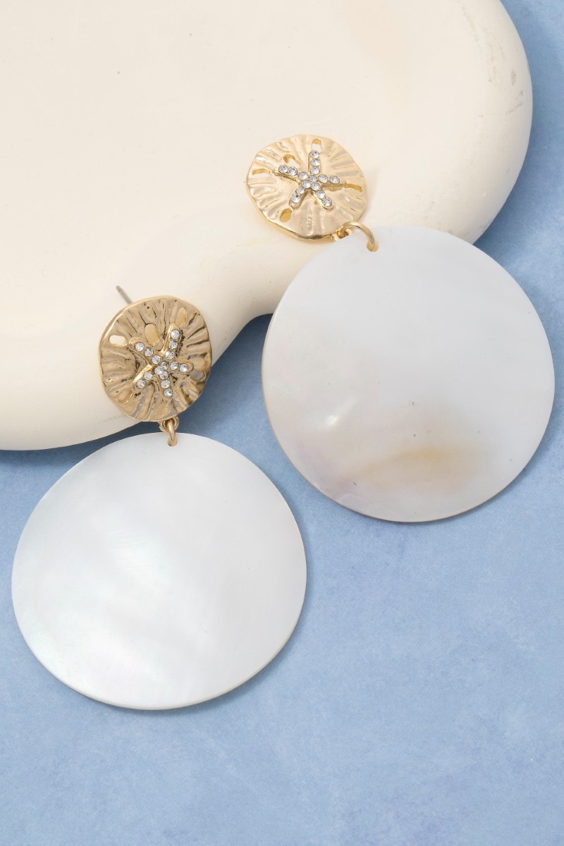 Large Mother Of Pearl Disc And Sand Dollar Stud Dangle Earrings