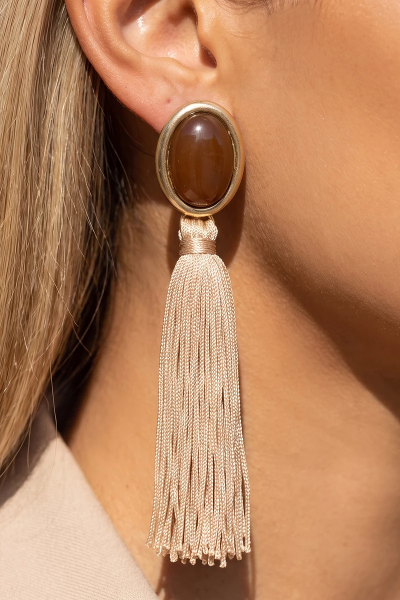 Oval Cabochon Thread Tassel Drop Earrings
