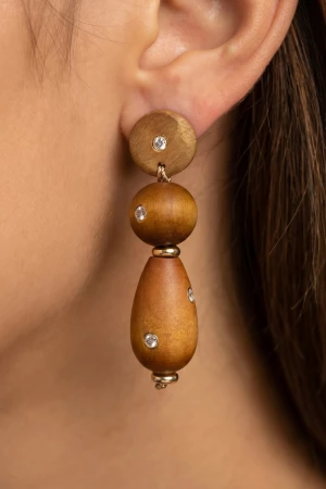 Wood Bead Drop Earrings With Crystal Accent