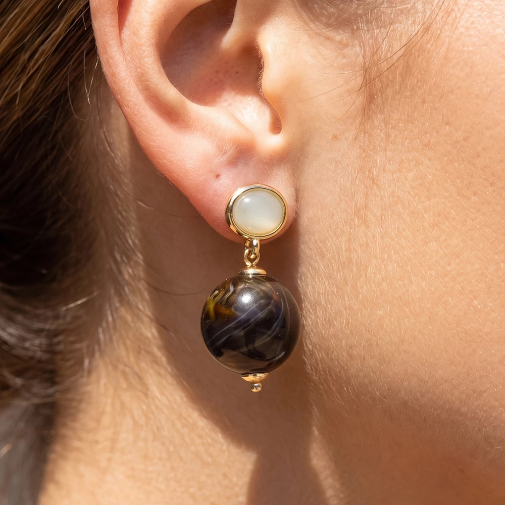Oval Cabochon Post Marbled Ball Drop Earrings