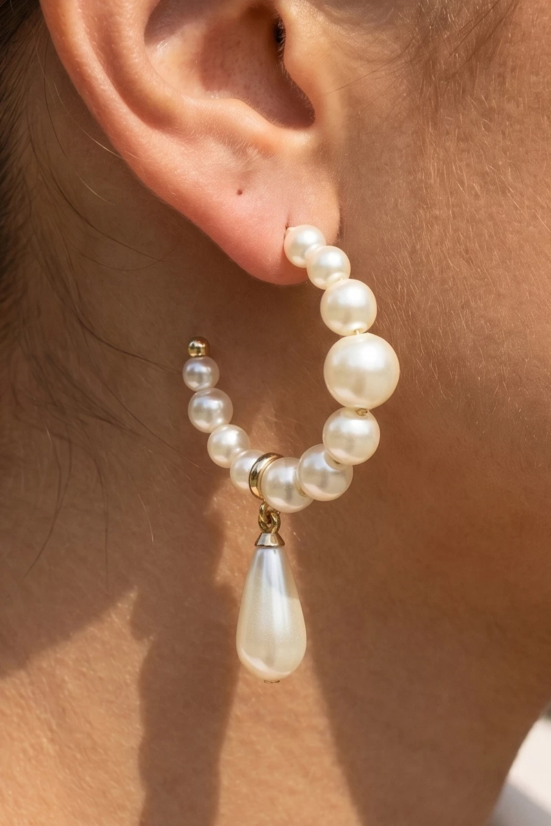 Pearl Beaded Hoop Teardrop Earrings