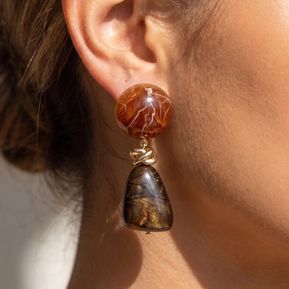 Marbled Round Post Nugget Drop Statement Earrings