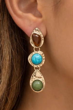 Triple Tier Resin Cabochon Hammered Drop Earrings