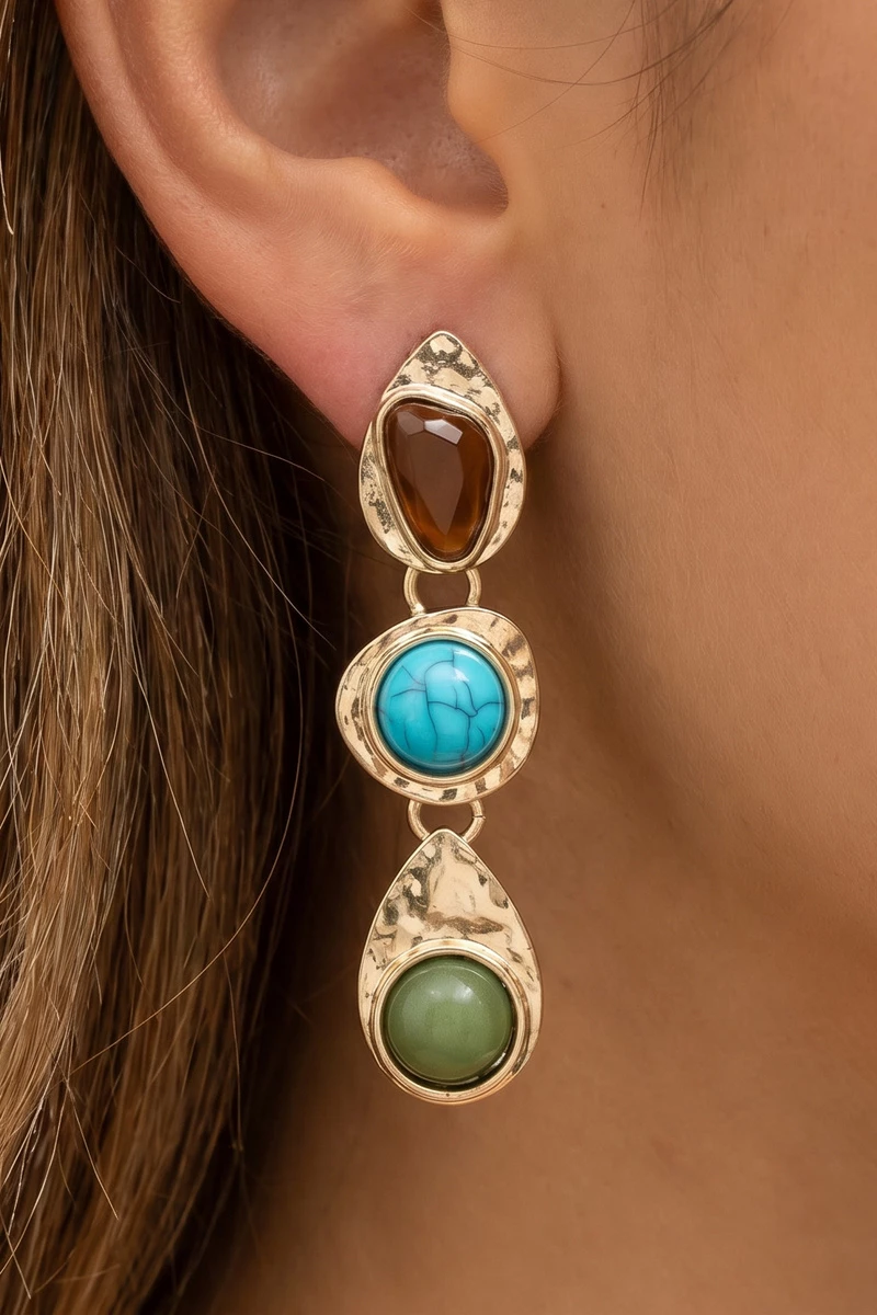 Triple Tier Resin Cabochon Hammered Drop Earrings