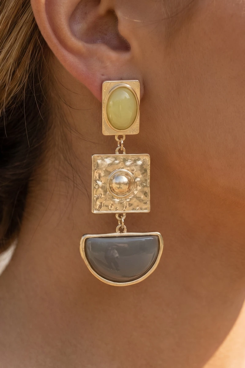 Hammered Geometric Cabochon Drop Earrings