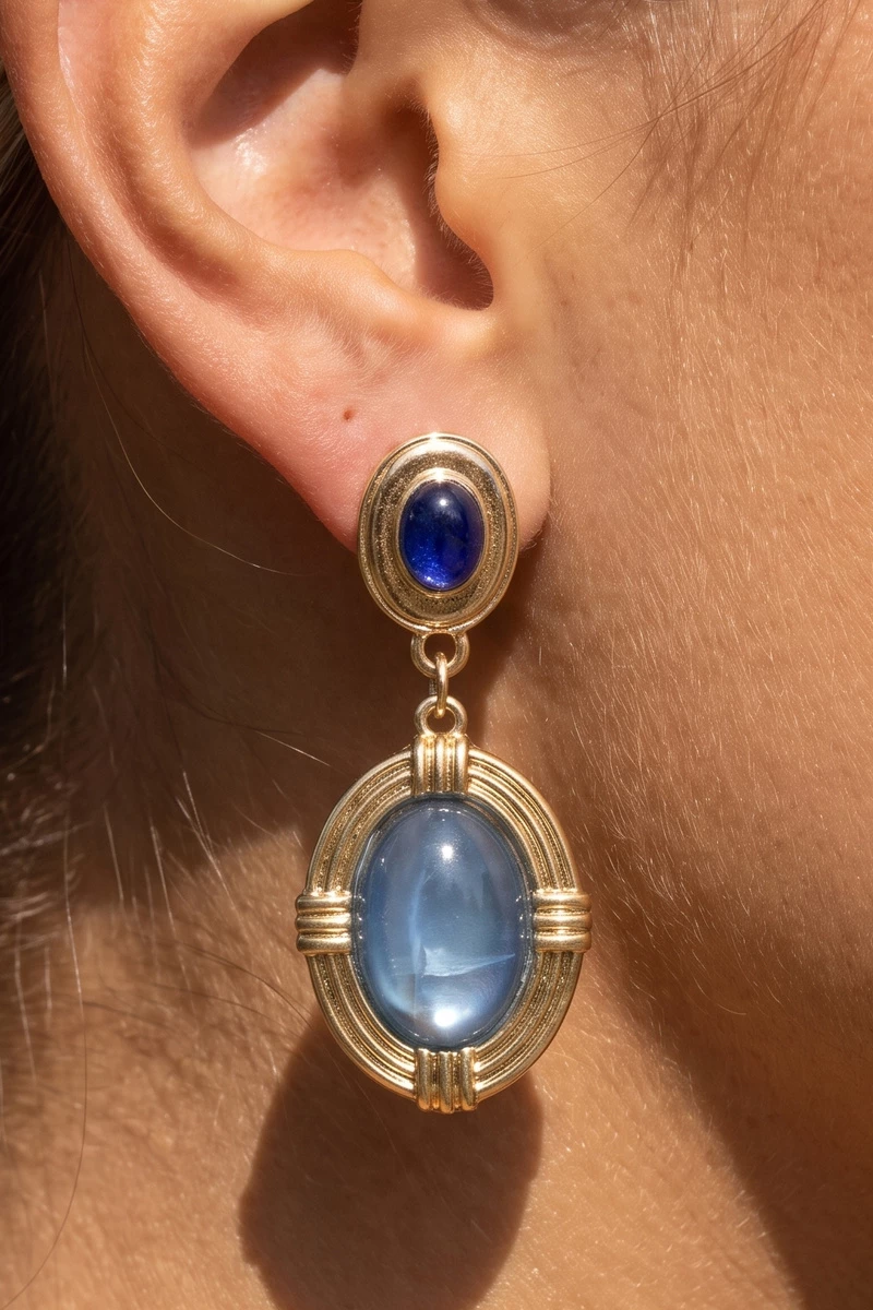 Vintage Ribbed Frame Oval Cabochon Drop Earrings
