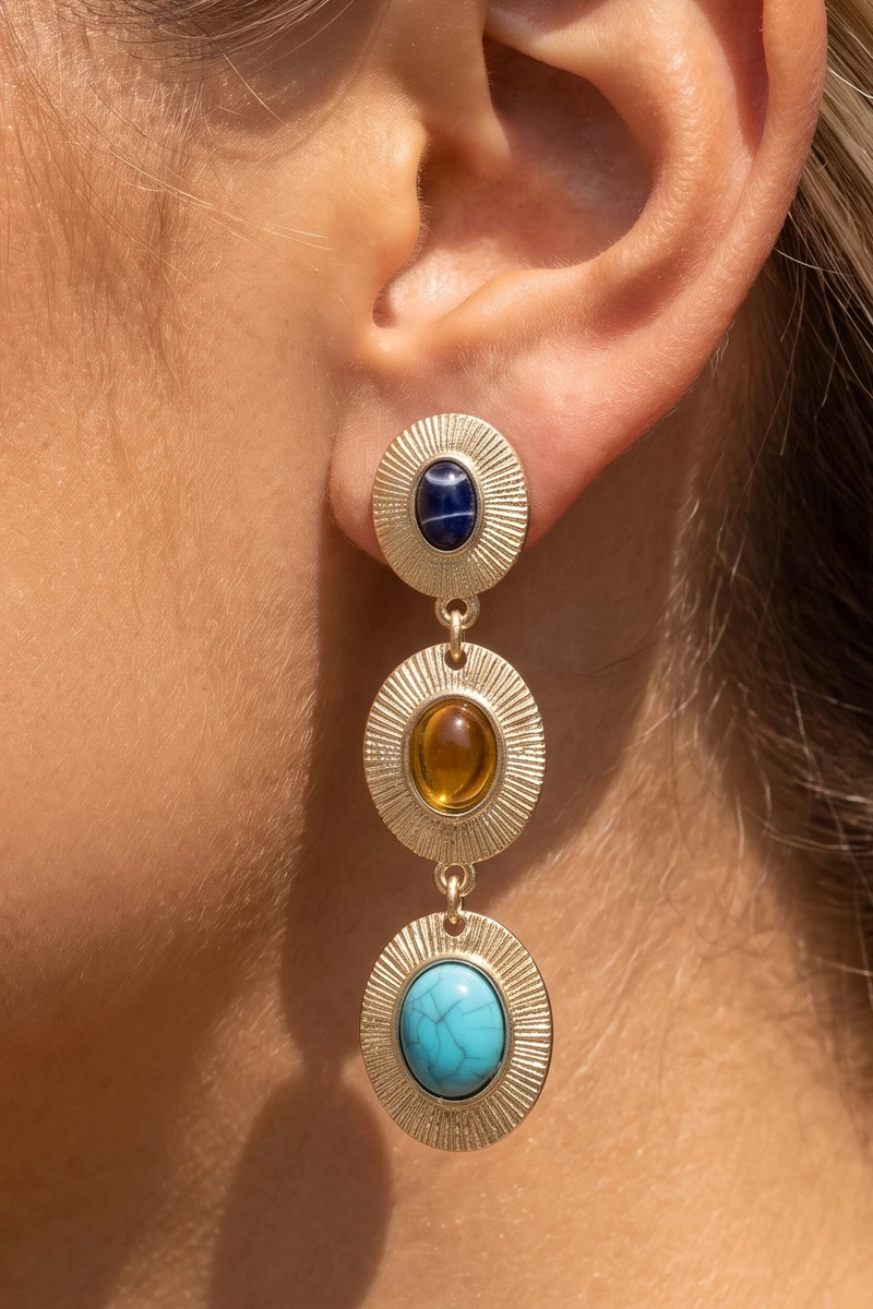 Sunburst Etched Triple Cabochon Drop Earrings