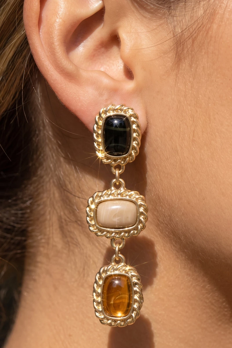 Rope Frame Triple Stone Linear Drop Earrings