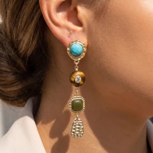 Turquoise And Tiger Eye Linear Drop Earrings