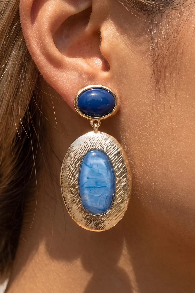 Brushed Oval Disc Cabochon Drop Earrings