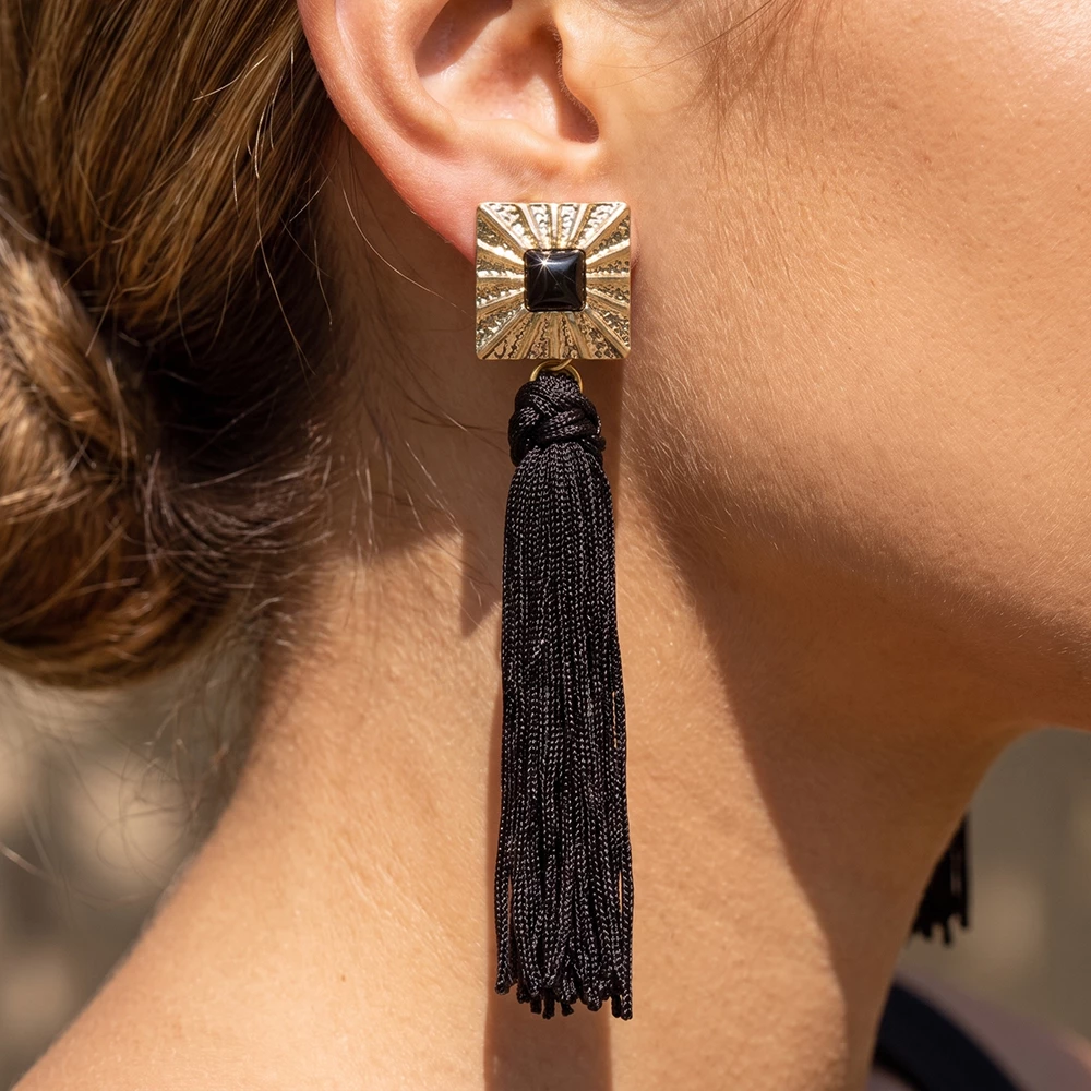 Sunburst Square Post Knotted Tassel Earrings