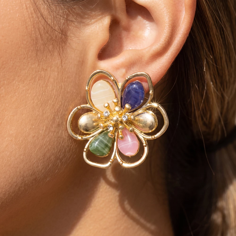 Open Wire Flower Cabochon Petal Stud Earrings