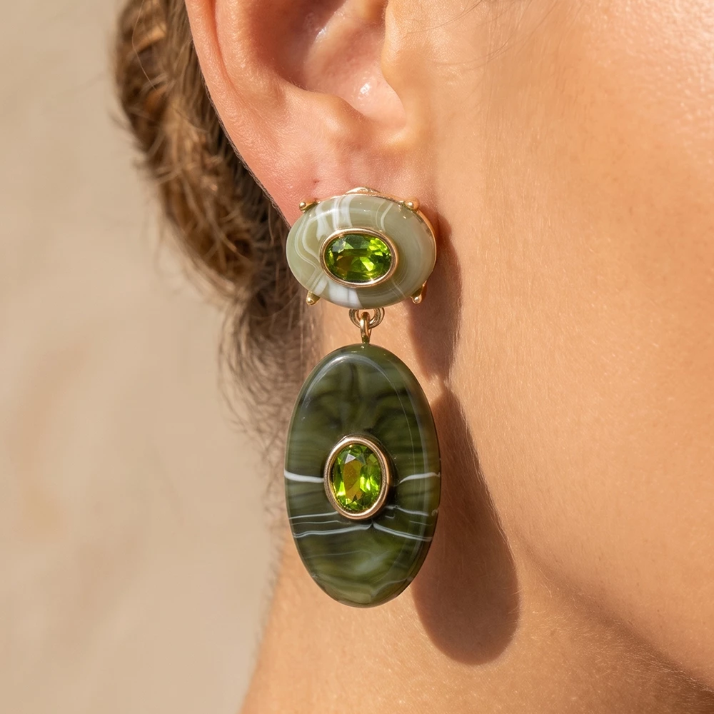 Marbled Oval Cabochon Crystal Drop Earrings
