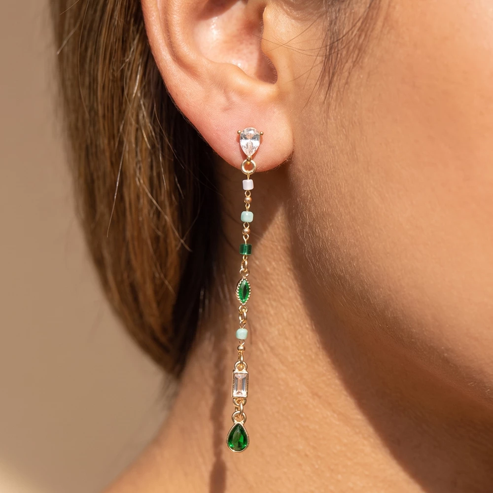 Crystal Teardrop And Bead Chain Linear Drop Earrings