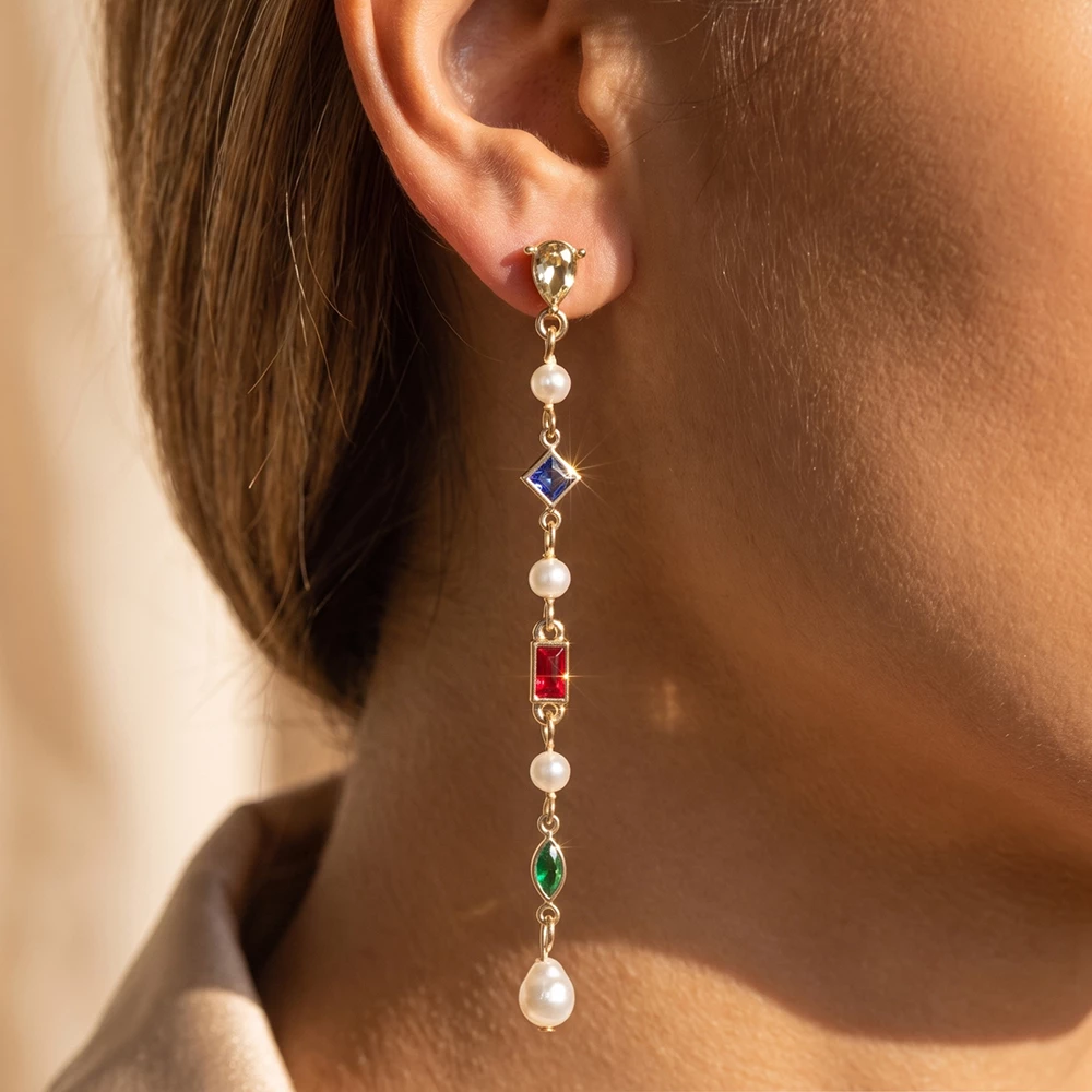 Pearl And Mixed Crystal Station Linear Drop Earrings