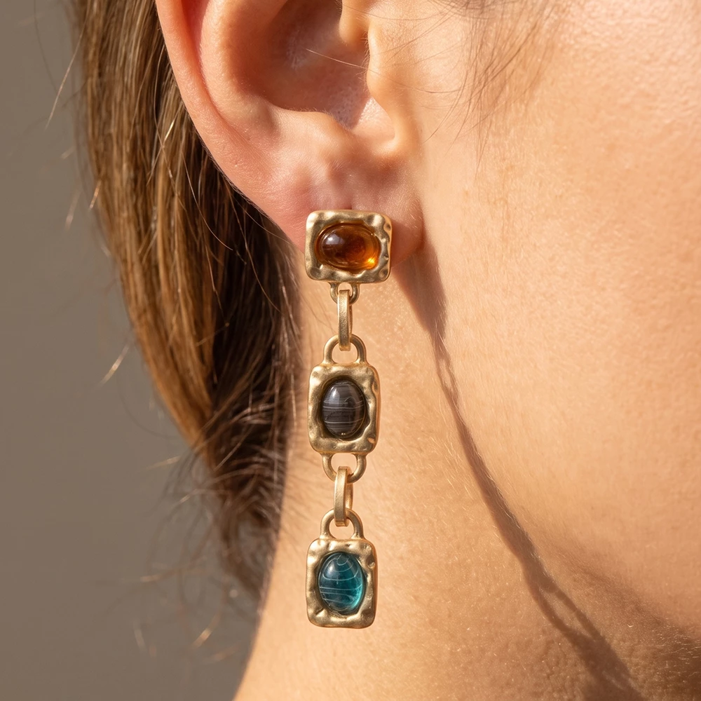 Three Tier Hammered Square Cabochon Drop Earrings