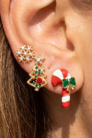 Snowflake Candy Cane Tree Stud Christmas Earring Set