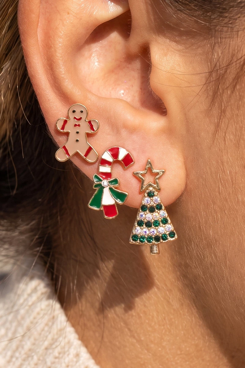 Gingerbread Tree Candy Cane Stud Christmas Earring Set
