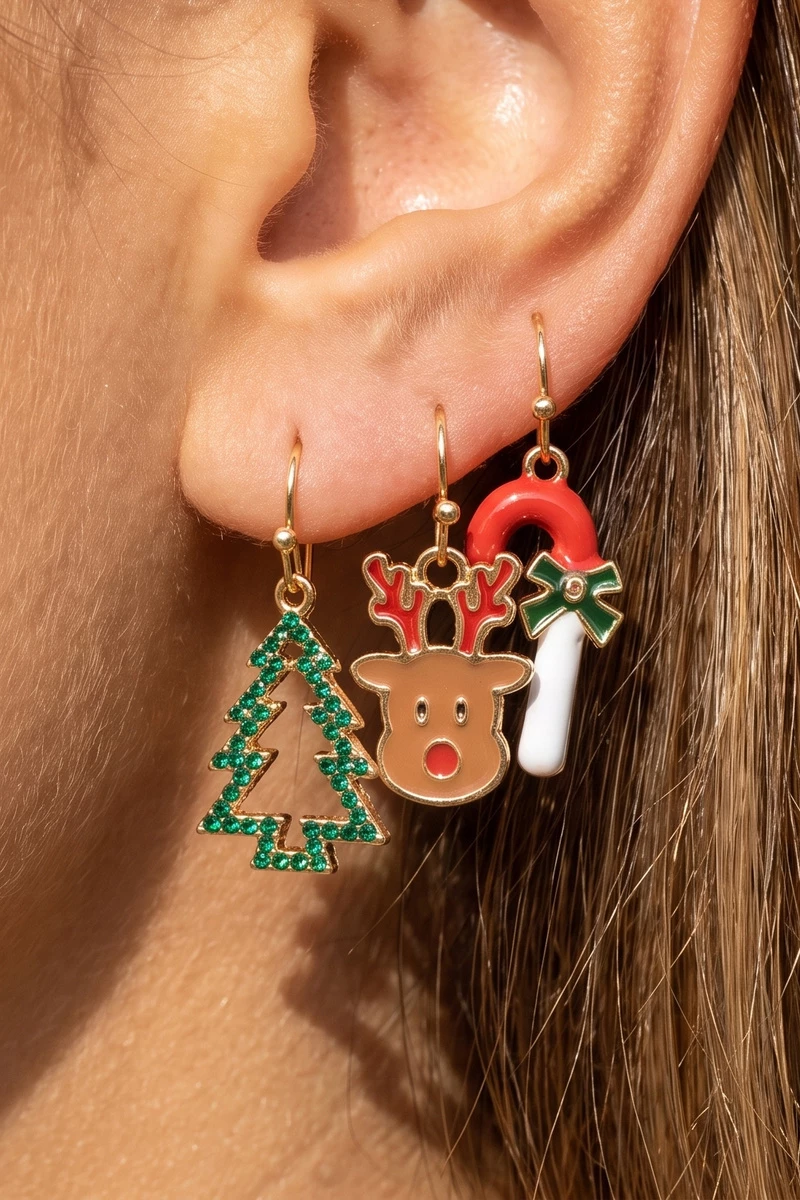 Reindeer Candy Cane Tree Dangle Christmas Earring Set