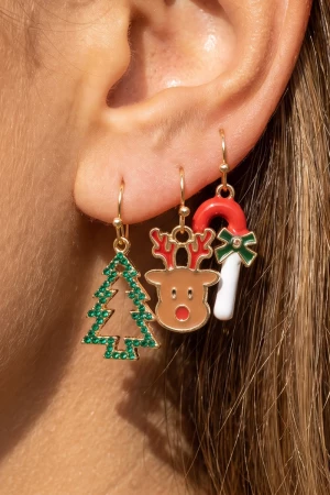 Reindeer Candy Cane Tree Dangle Christmas Earring Set