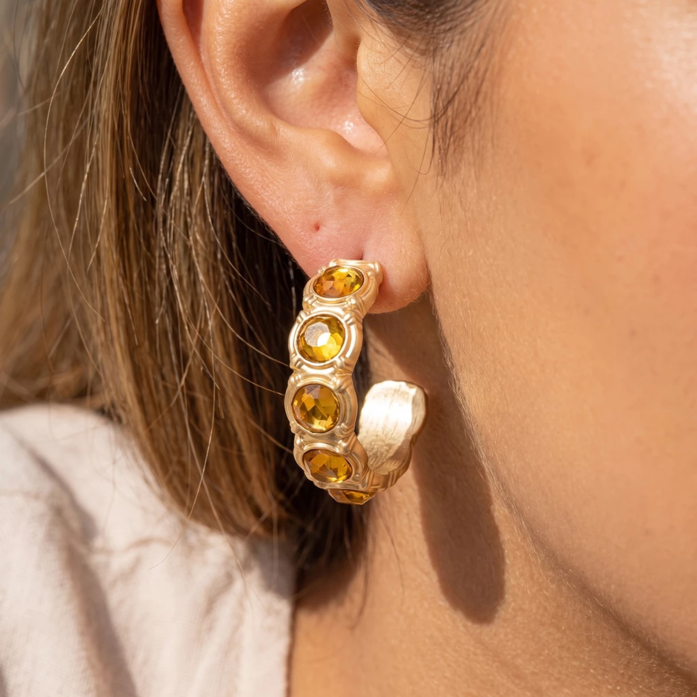 Matte Faceted Stone Inset Open Hoop Earrings
