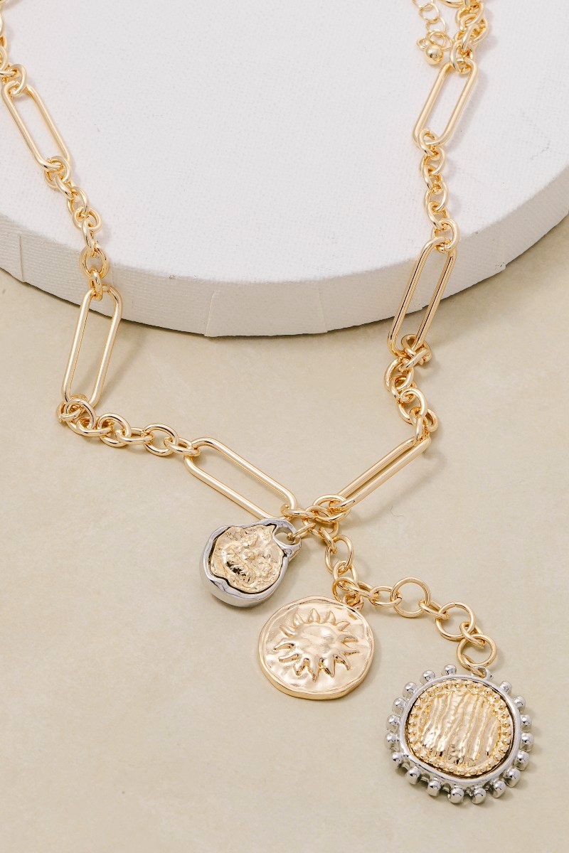 Two Tone Multi Coin Charms Y Chain Necklace