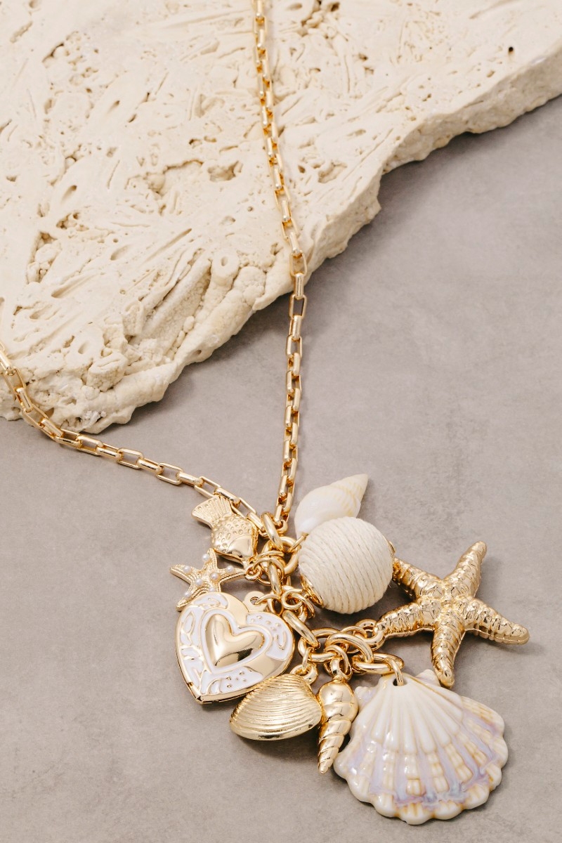 Sea Life And Hearts Cluster Charms Chain Necklace