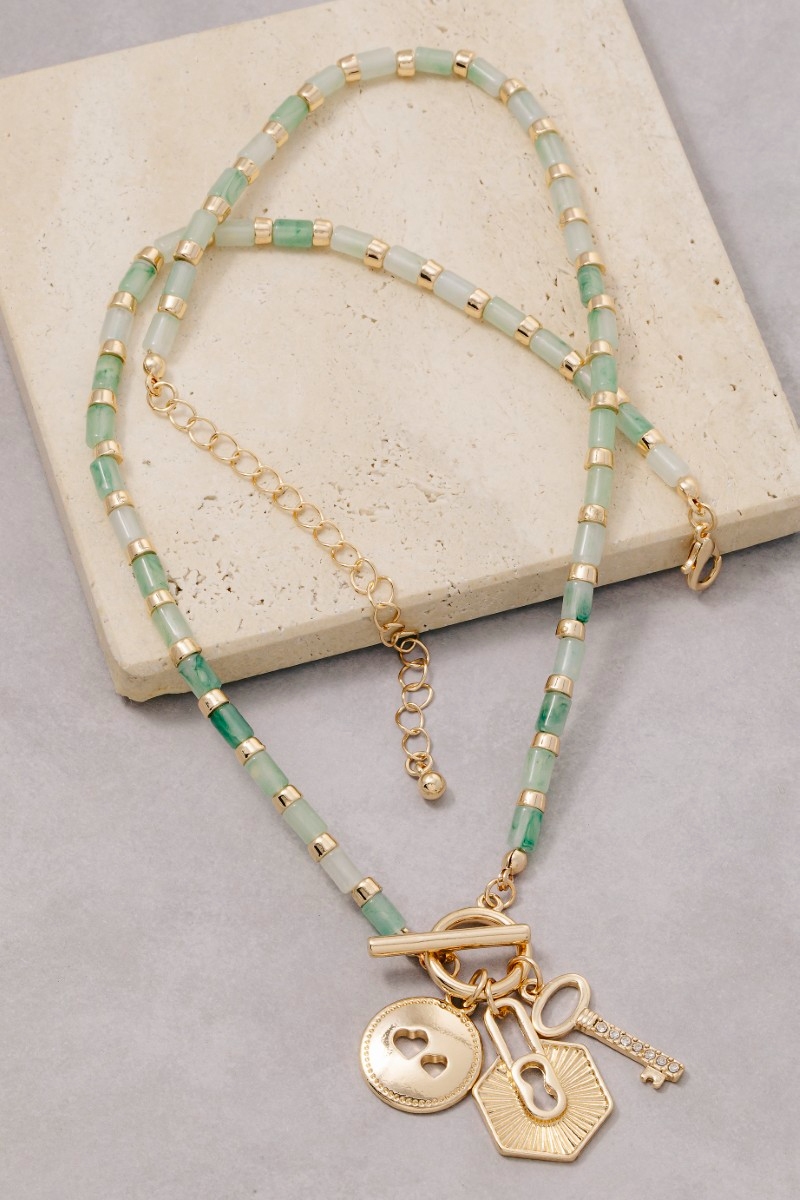 Heart Coin Lock And Key Charms Toggle Beaded Necklace