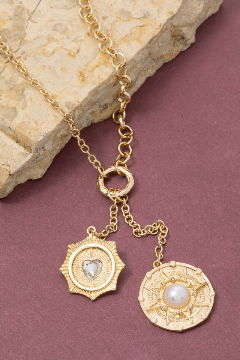 Heart Stud Coin And Compass Pendants Chain Necklace