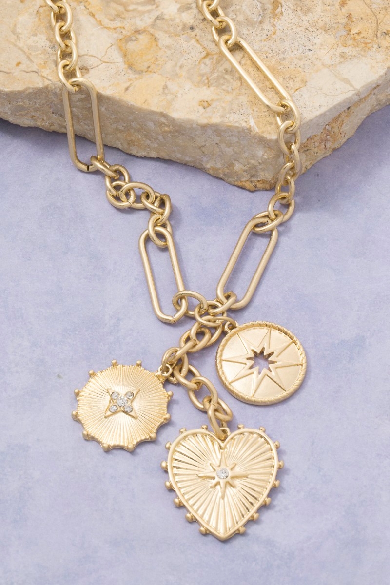 Intricate Heart And Coin Pendants Chain Necklace