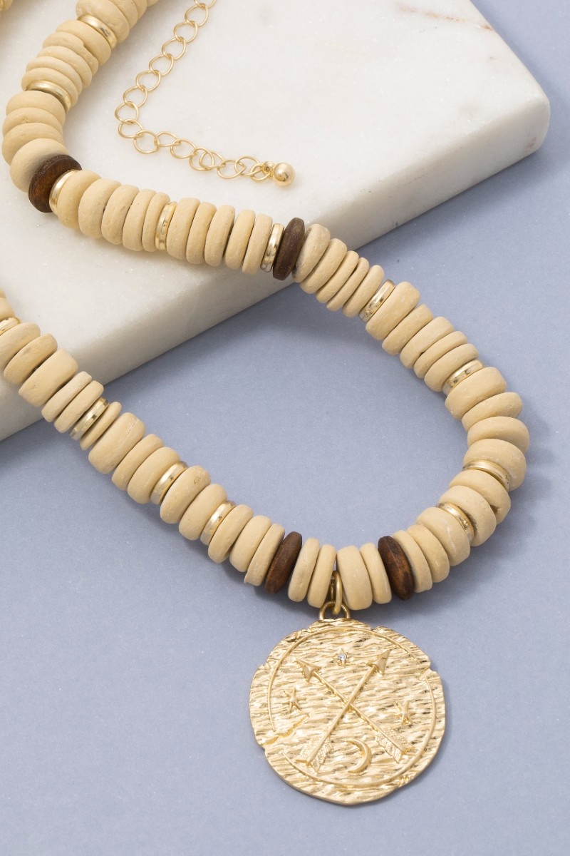 Arrow Coin Pendant Wooden Beaded Necklace