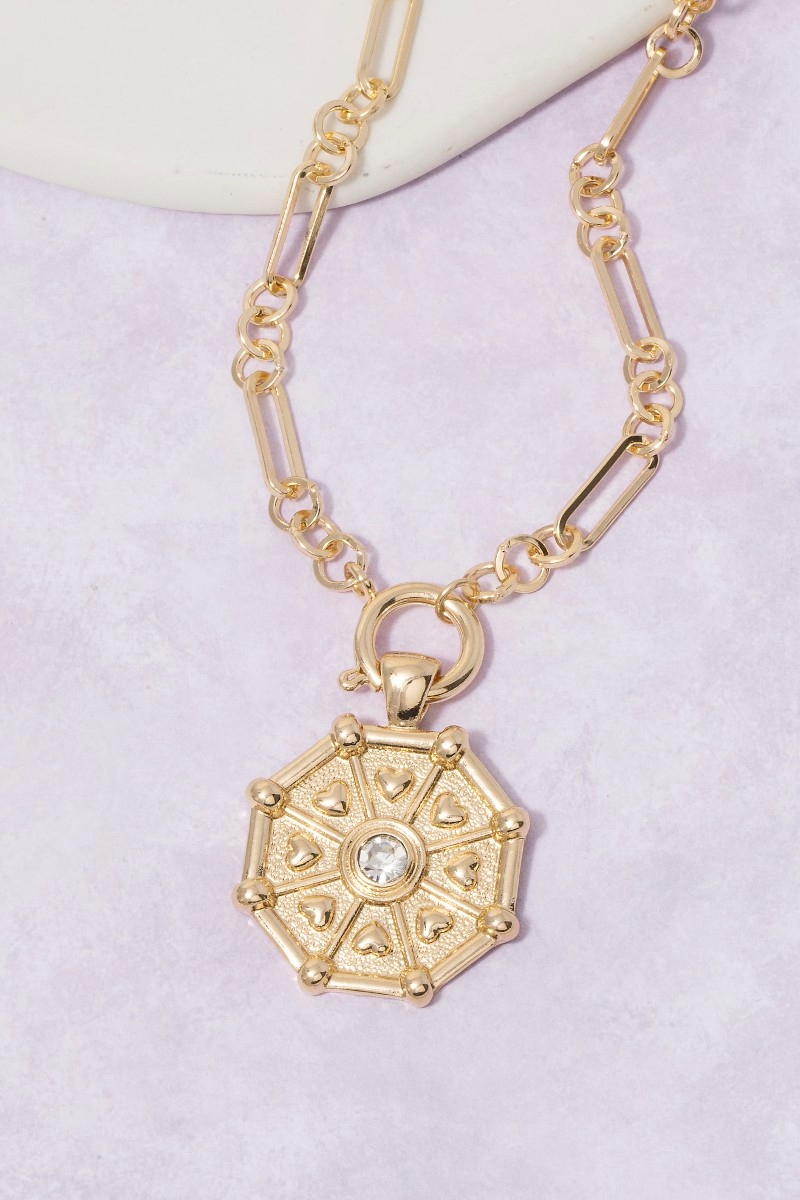 Hearts And Gem Stud Coin Pendant Necklace