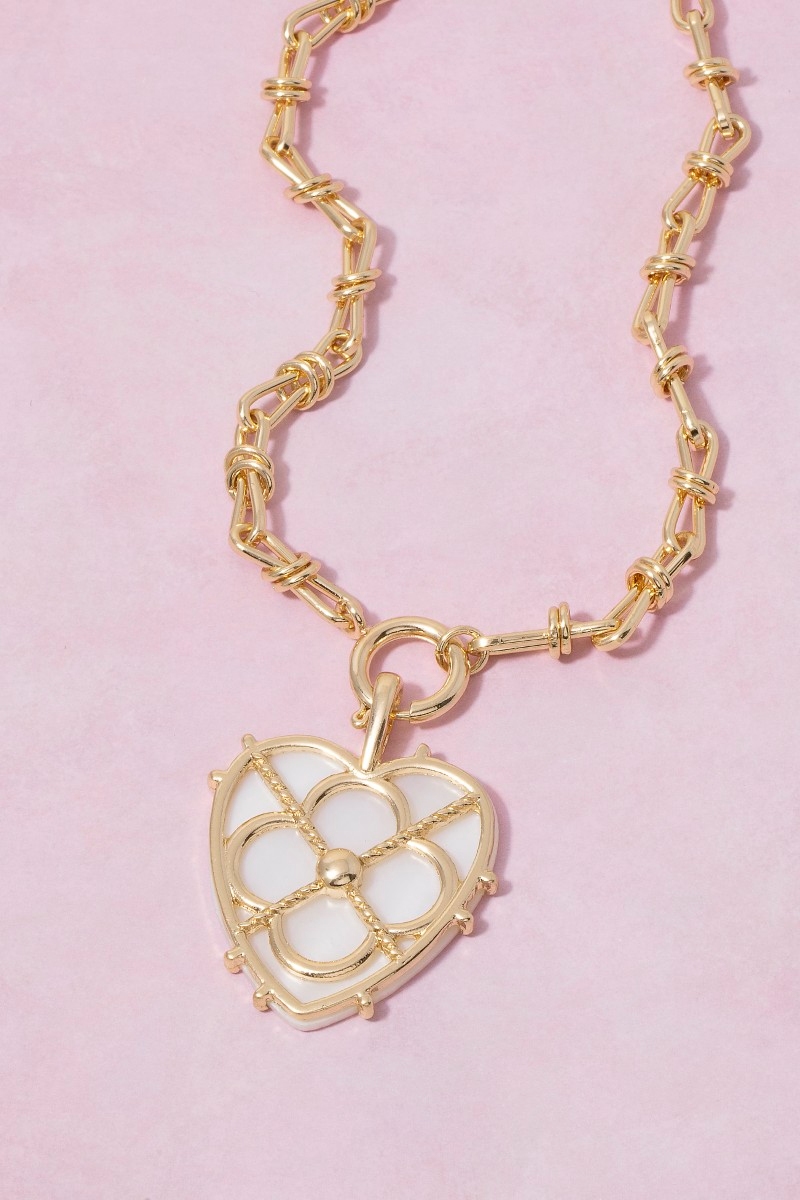Mother Of Pearl Heart Clover Pendant Necklace