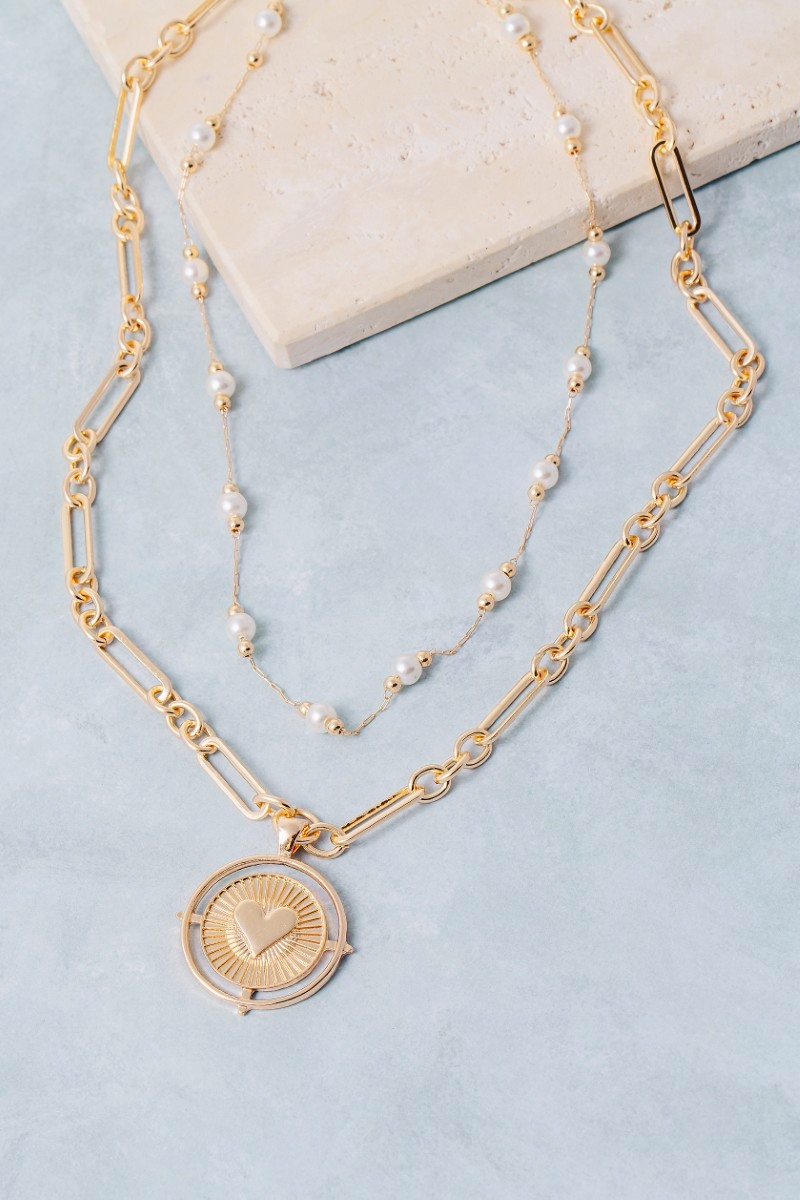 Layered Chain Heart Coin Pendant Necklace