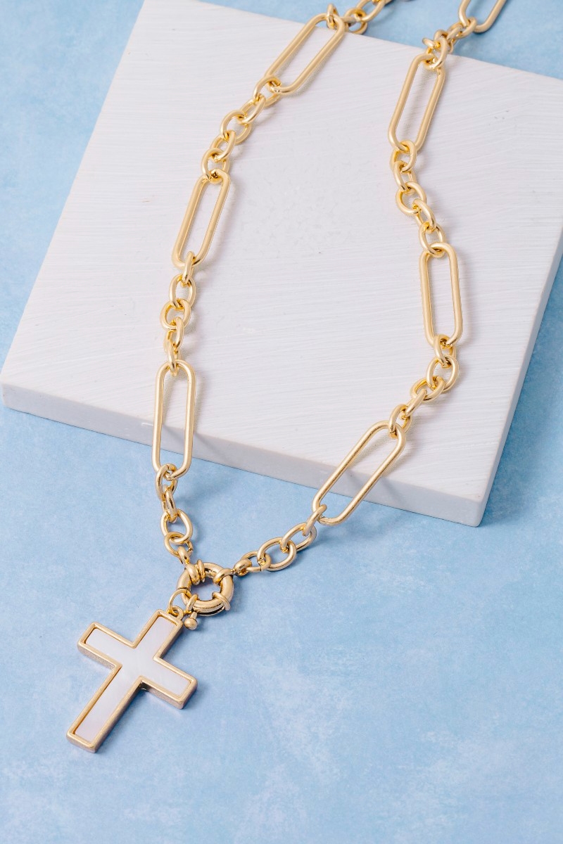 Paperclip Chain Mother Of Pearl Cross Pendant Necklace