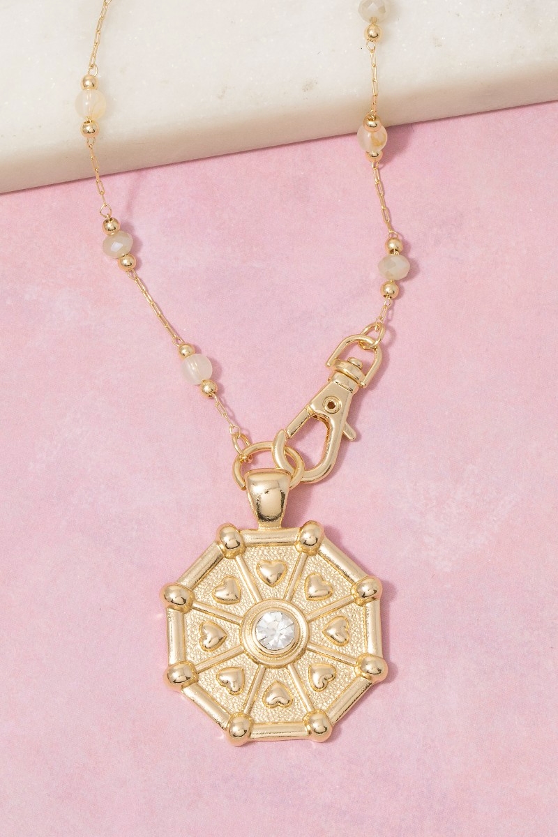 Hearts And Gem Stud Coin Pendant Station Bead Chain Necklace