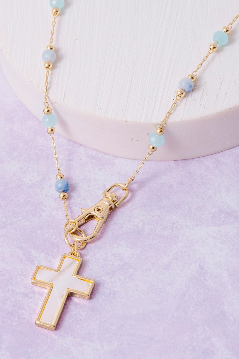 Beaded Chain Mother Of Pearl Cross Pendant Necklace
