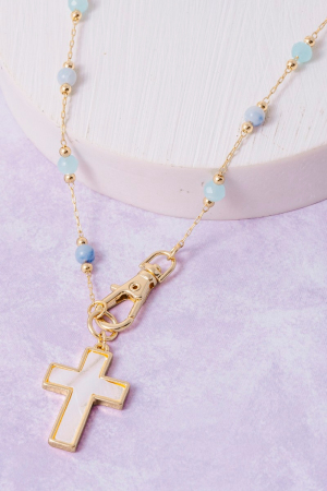 Beaded Chain Mother Of Pearl Cross Pendant Necklace